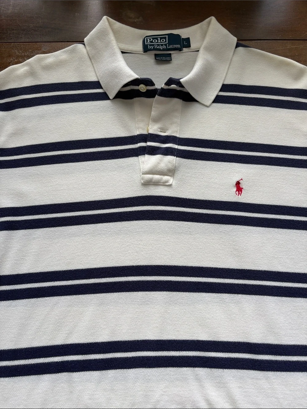 Polo by Ralph Lauren Cream & Navy Striped Polo Golf Shirt